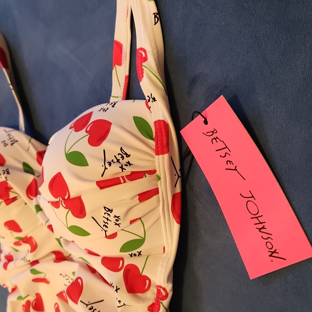 Betsey Johnson White and Red Cherry Print One Piece Swimsuit Small Size Push Up - Picture 6 of 14